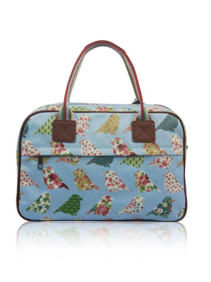 Lifestyle foto Malá bledomodrá cestovná  taška Retro vtáky